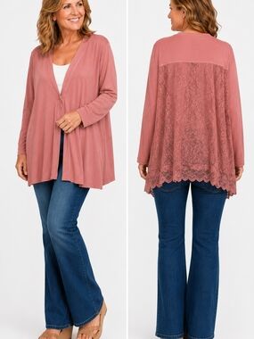 LOGO Lori Goldstein Soft Cardigan Womens 2X Rose Lace Back Topper Shirt Stretch